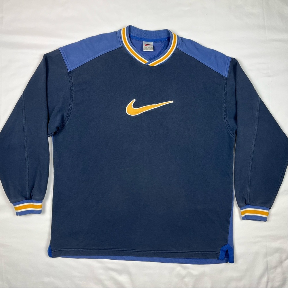 Vtg Nike Mens Center Swoosh Sweatshirt Sz Large 90s Blue/Yellow Embroidered B7